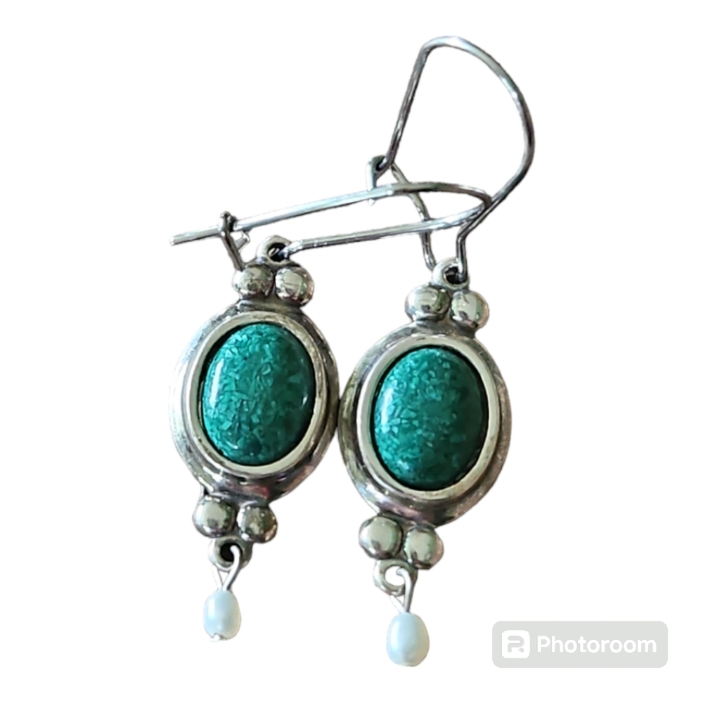 Vintage Malachite, Sterling Silver & Freshwater Pearl Drop Earrings